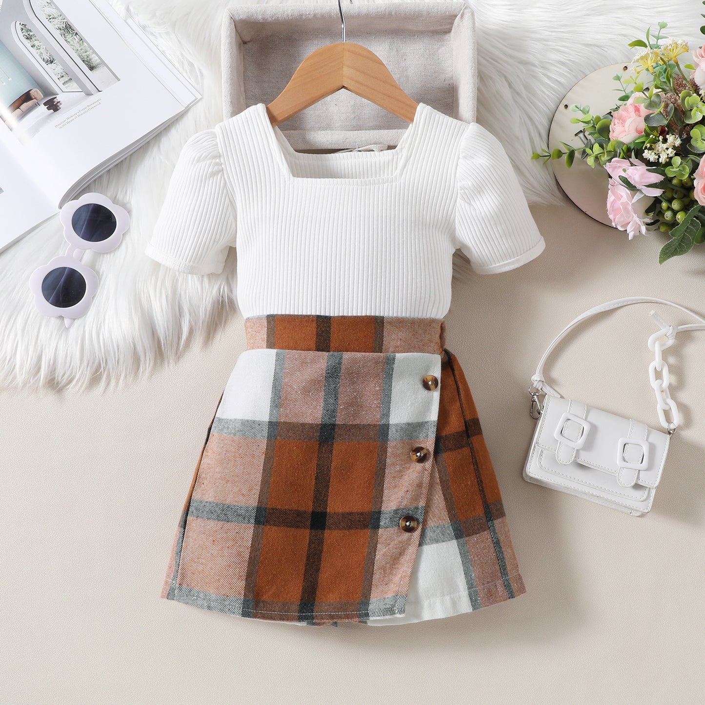 Girls Plaid Top &amp; Skirt Set