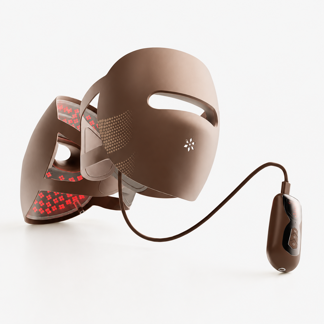 A brown LED facial therapy mask with a matching remote control, shown on a clean white background. The mask features a matte brown finish with a small white geometric logo on the cheek, and the interior reveals red light-emitting diodes.