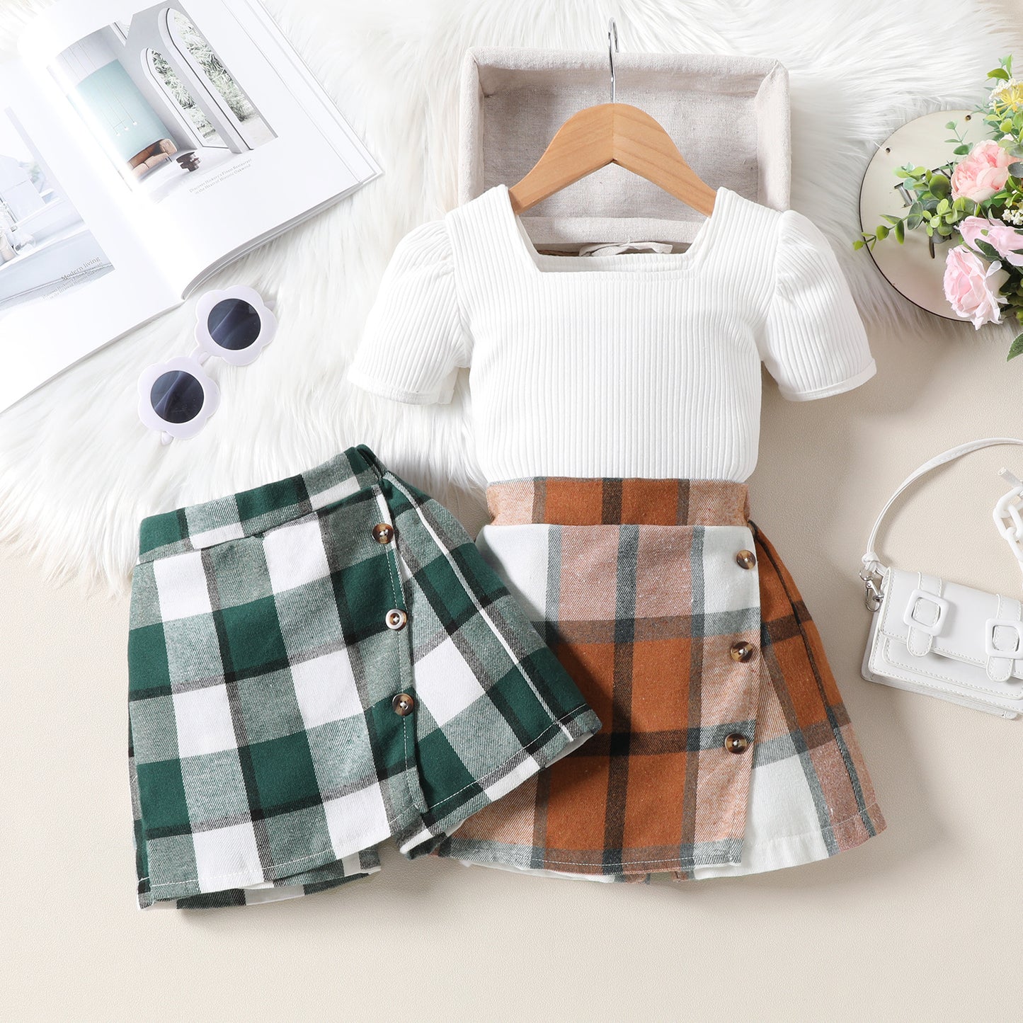 Girls Plaid Top &amp; Skirt Set