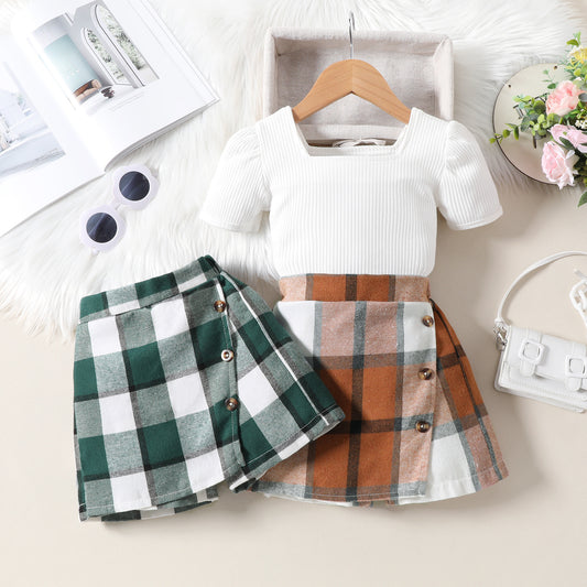 Girls Plaid Top &amp; Skirt Set