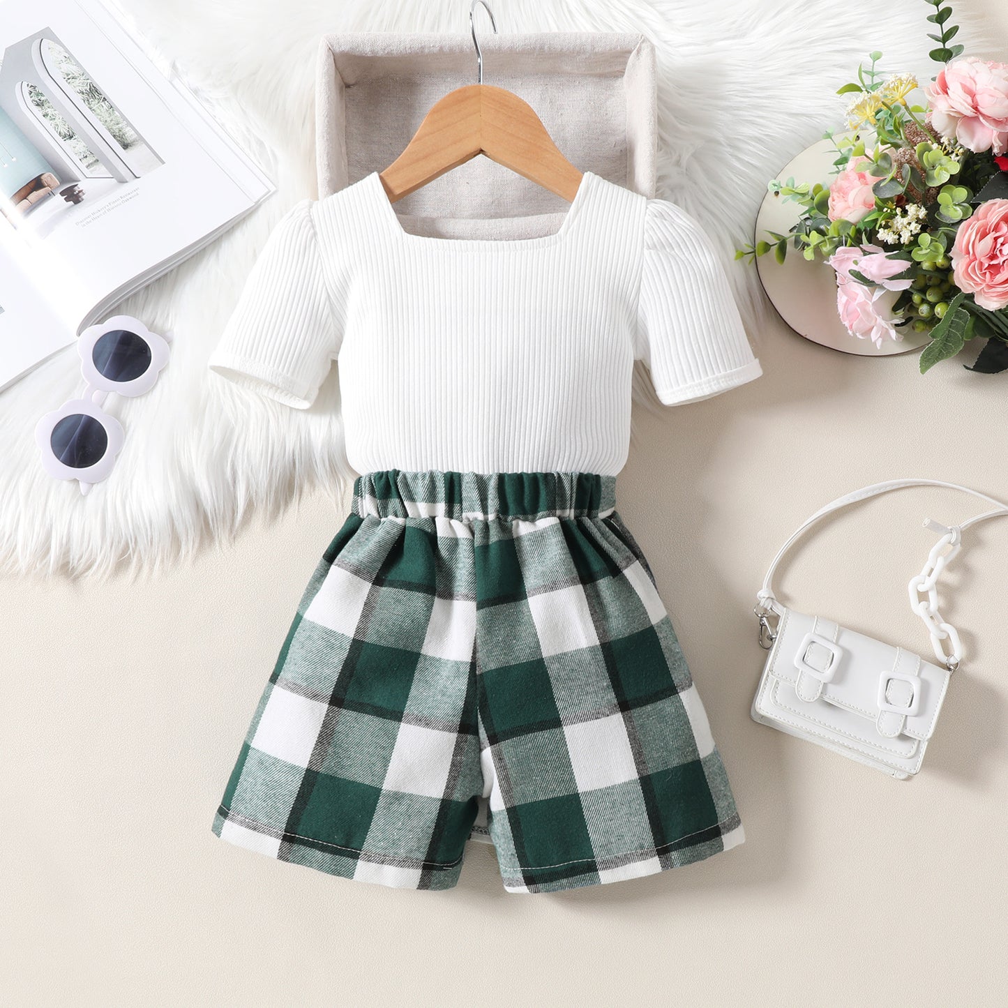 Girls Plaid Top &amp; Skirt Set