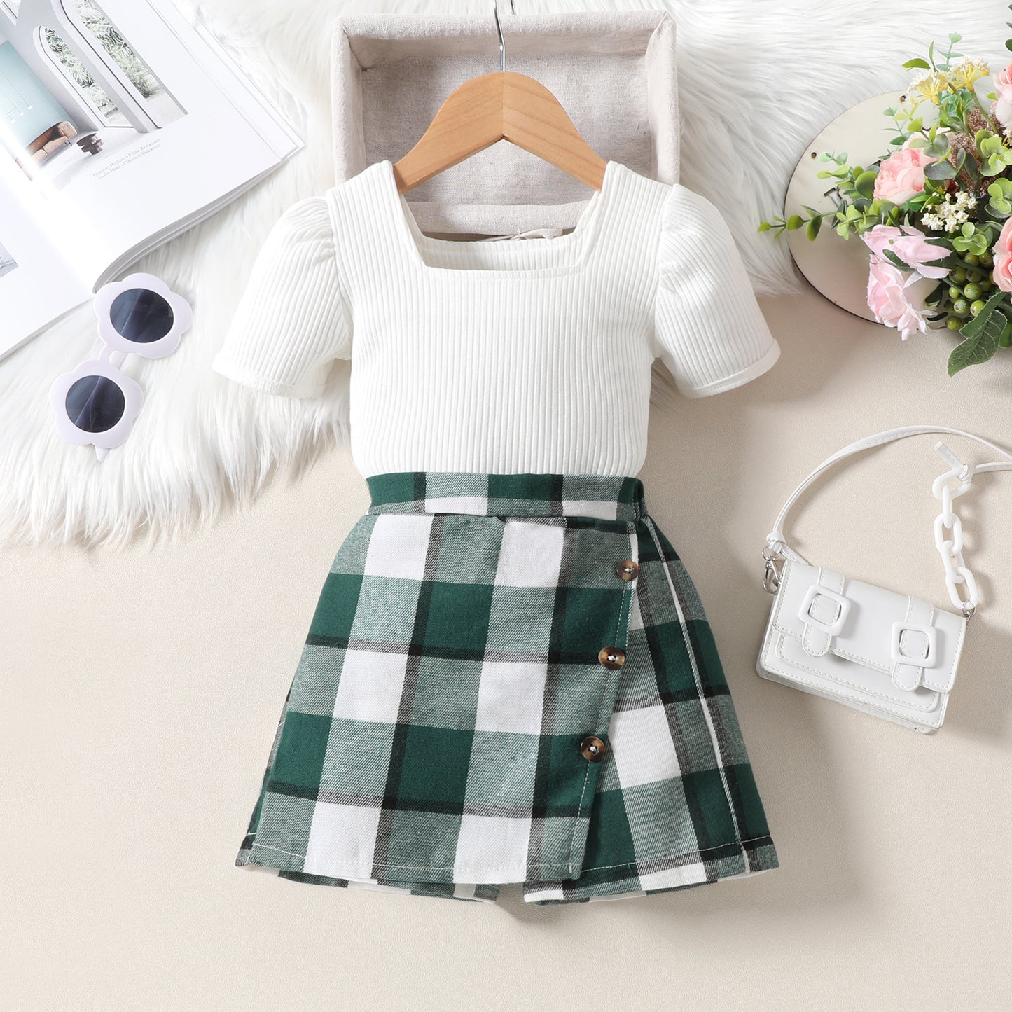 Girls Plaid Top &amp; Skirt Set