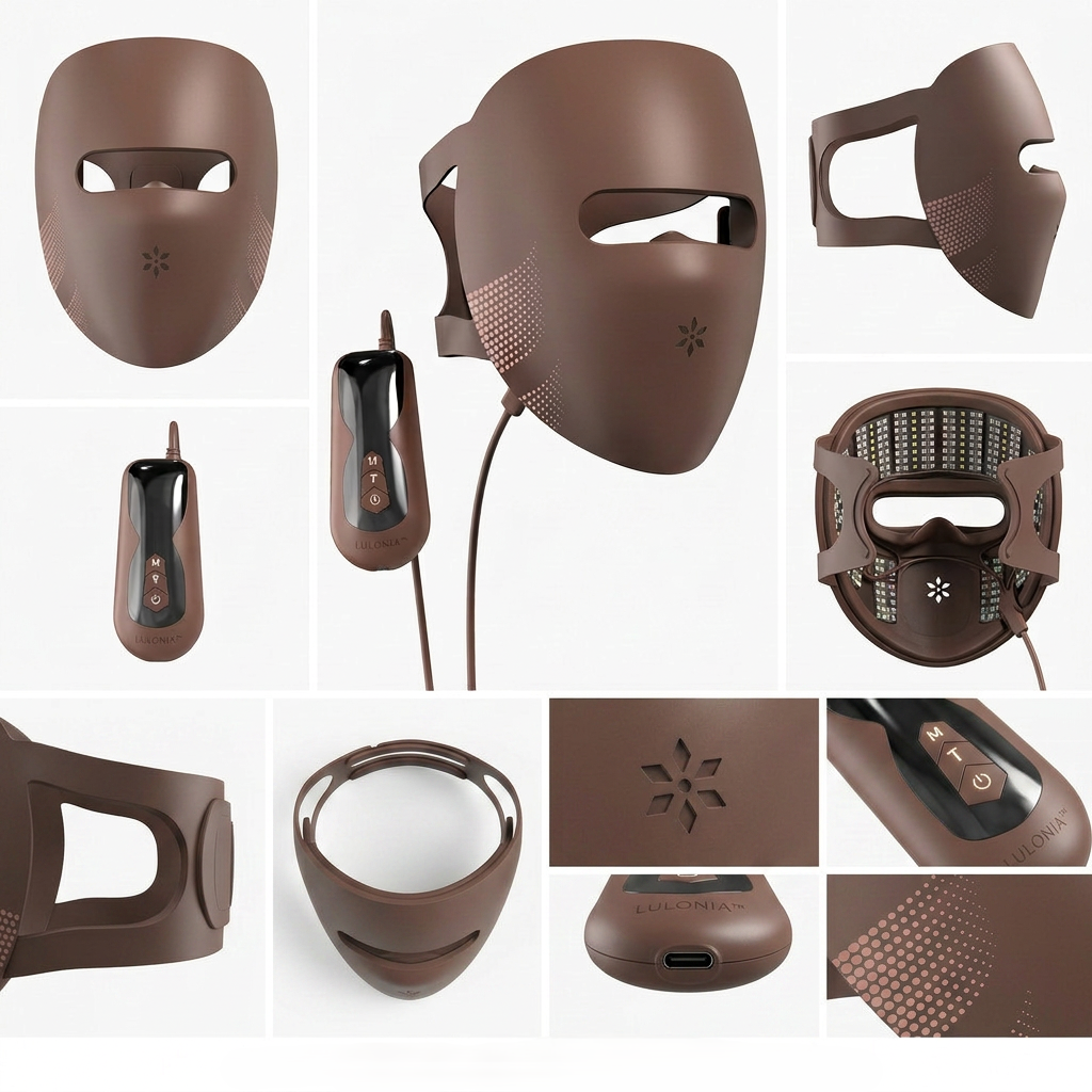 Collage of a brown mask with various angles and close-up details on a white background.